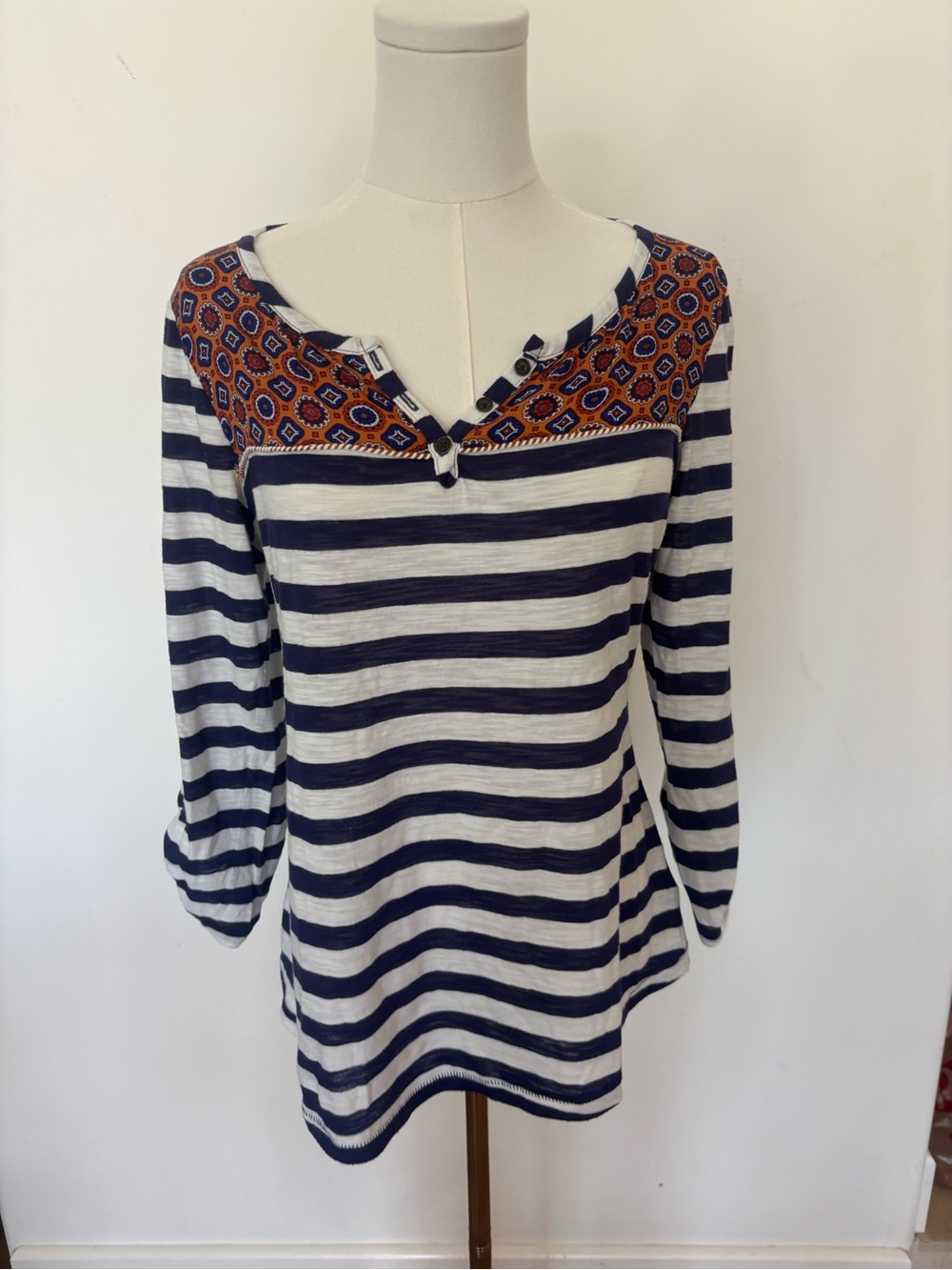 Striped Navy and White Henley Top with Rust Mosaic Yoke